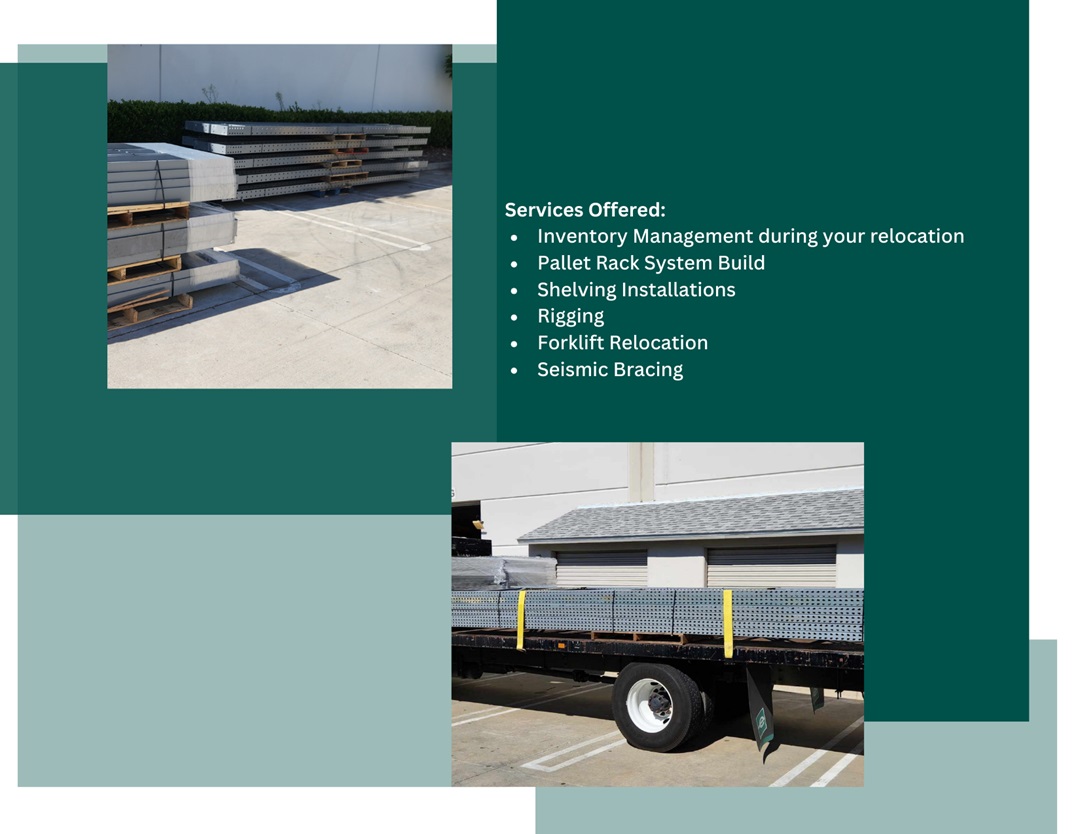 warehouse and production moving services infographic<br />
"Services offered: Inventory management during your relocation.<br />
Pallet rack system build<br />
shelving installations<br />
rigging<br />
forklift relocation<br />
seismic bracing."